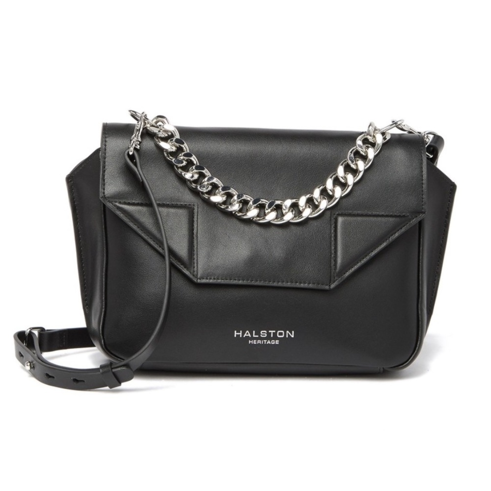 Halston Heritage Bag Black Leather Crossbody Chain Strap Leather Strap Bag NWT - Picture 1 of 10
